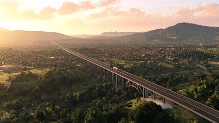 Fototapeta premium An overhead image of a freeway bridge that connects towns at nightfall, spanning a valley with green hills and forests, as part of infrastructural expansion. 