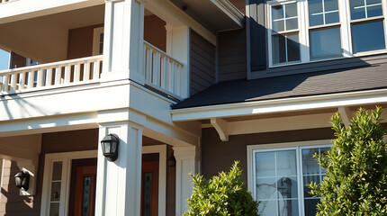 Fototapeta premium The image shows the front exterior of a two-story house. The house features a white porch with balustrades, brown siding, white trim, and multiple windows. Landscaping is visible in the foreground.