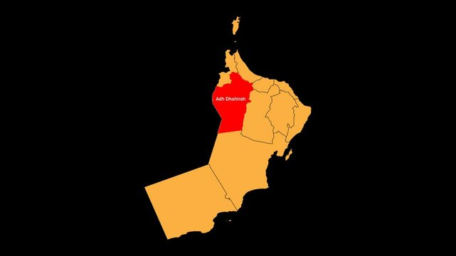 Adh Dhahirah map animated video. The location is highlighted on the Oman map. Colour map with transparent background in video format.	