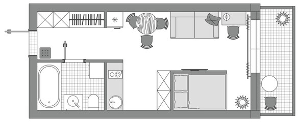 Apartment floor plan. Architecture micro studio plan of condominium, flat, house. Interior design of kitchen, living room, bedroom and bathroom. Furniture elements set. 2D top view
room layout. Vector