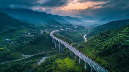 An overhead image of a freeway bridge that connects towns at nightfall, spanning a valley with green hills and forests, as part of infrastructural expansion. 