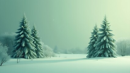 Naklejka premium Minimalist Winter Landscape, Snow-Covered Green Trees in a Serene Snow Scene