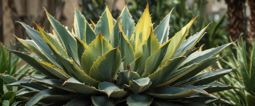 Prickly Agave Americana Variegata plant with thick green leaves and yellow variegation, desert plants, ornamental succulents, agave plants