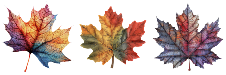 Three vibrant, multicolored leaves showcasing the beauty of autumn with intricate details and varied hues.