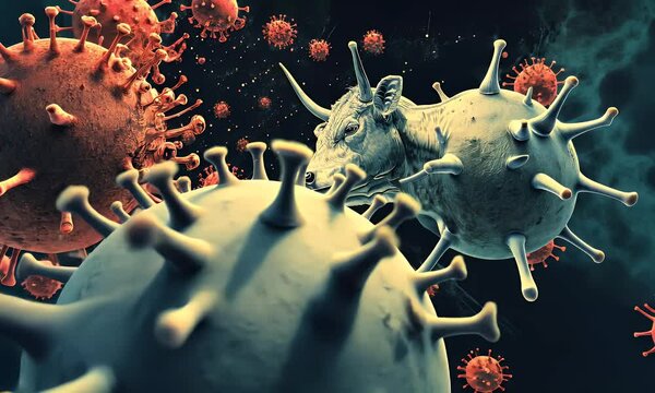 A cow with an illustration of a virus scattered in the air
