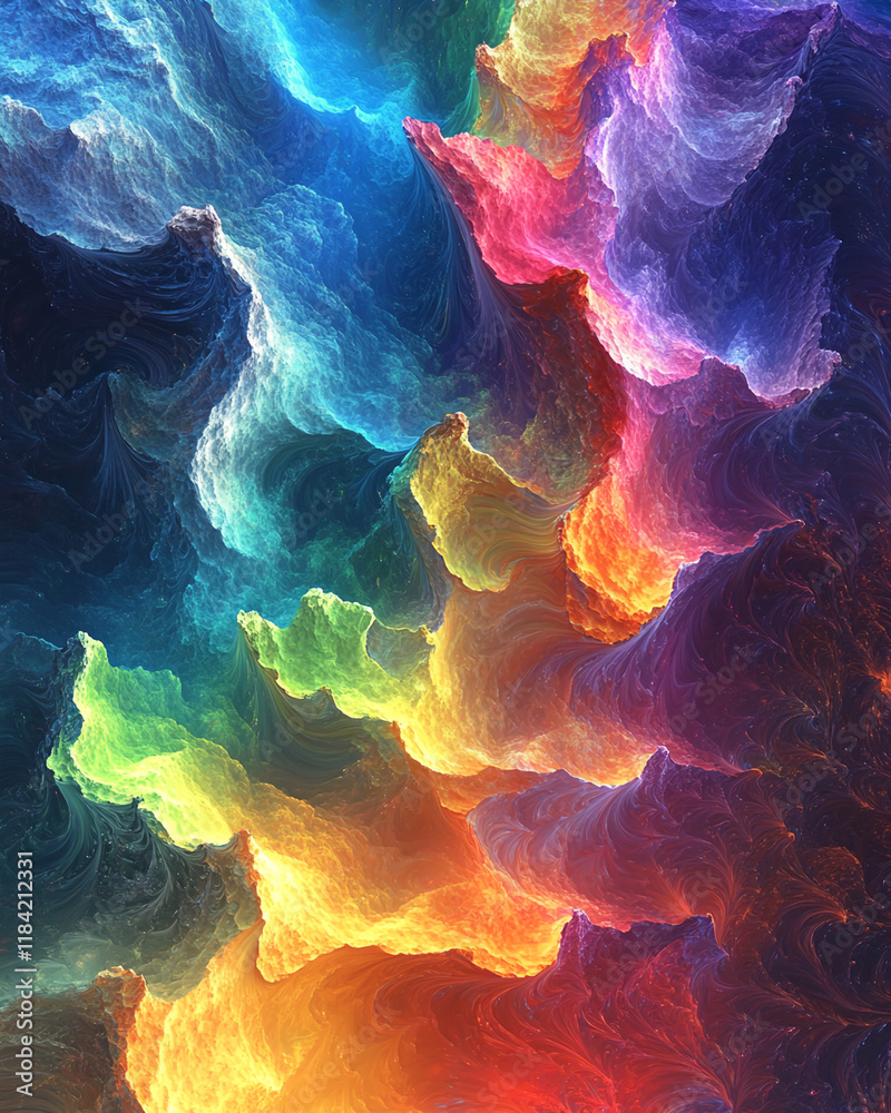 Poster Abstract colorful fractal waves in vibrant rainbow gradient design