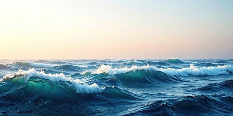Obraz premium Waves blend with the horizon line in a captivating blend of blues and golds , gradient color, blue undertones, serene scenery