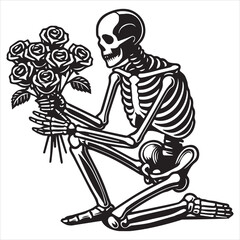 Flowers with Skull Clipart Sublimation - Man skeleton Holding Rose illustration Vector
