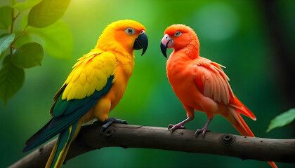 Obraz premium Two colorful parrots, a yellow one and a red one, perched on a branch against a blurred green background