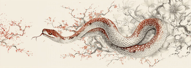 Fototapeta premium Happy Chinese new year 2025 Zodiac sign, year of the Snake, with red paper cut art and craft style on white color background