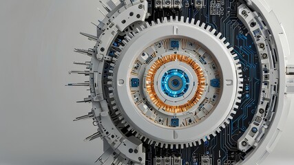 Obraz premium white_gear2_finalAbstract 3D gear with digital circuits and arrows on a white background and copy space. Futuristic technology concept for mechanical engineering and innovation design.