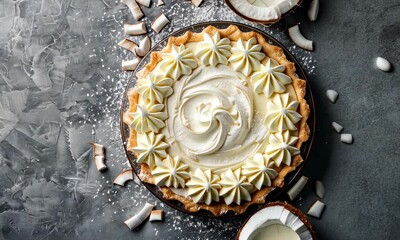 Coconut cream pie on dark textured surface, garnished with whipped and coconut flakes