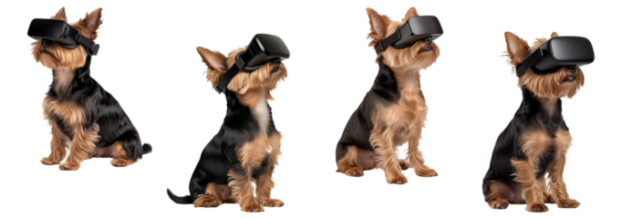 Set of Yorkshire terrier dogs wearing VR glasses, isolated on transparent background
