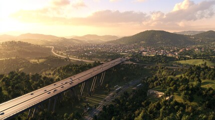 Fototapeta premium An overhead image of a freeway bridge that connects towns at nightfall, spanning a valley with green hills and forests, as part of infrastructural expansion. 