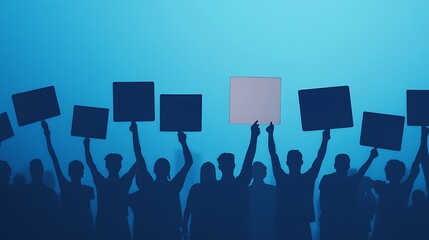 Silhouettes of People Holding Blank Banners Against a Calm Blue Background, Symbolizing Peaceful Expression and Unity in Protest or Demonstration Settings