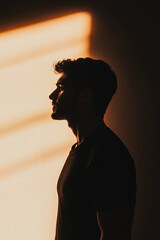 Minimalistic design concept. Arty, graphic profile portrait of a young man posing in a room full of evening light. Monochrome vertical studio shot