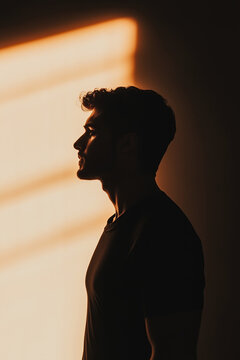 Minimalistic design concept. Arty, graphic profile portrait of a young man posing in a room full of evening light. Monochrome vertical studio shot