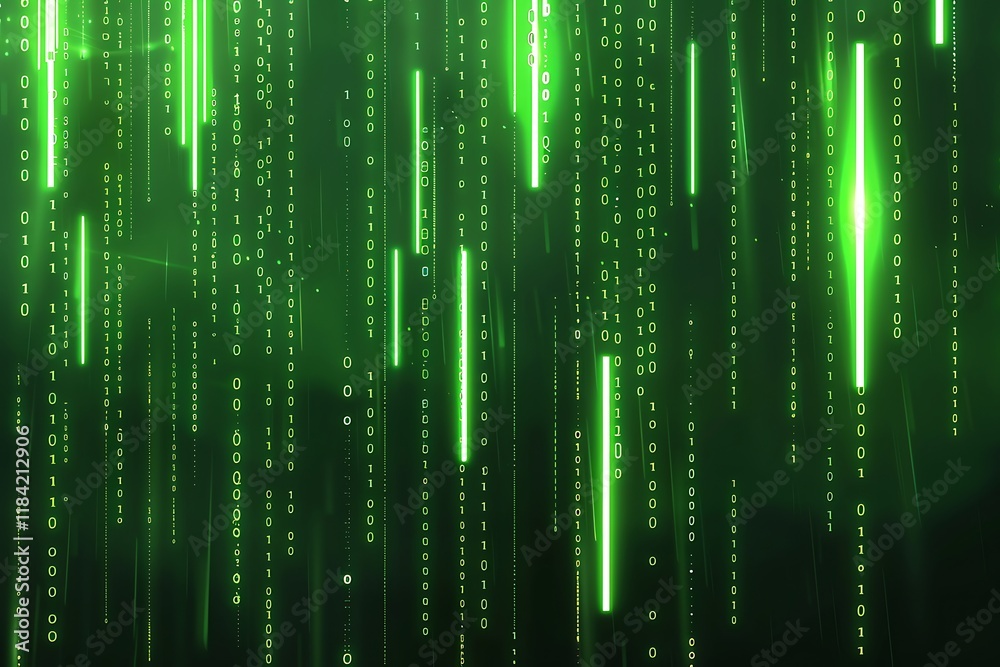 Wall mural abstract digital background featuring falling green binary code, resembling the matrix. bright green