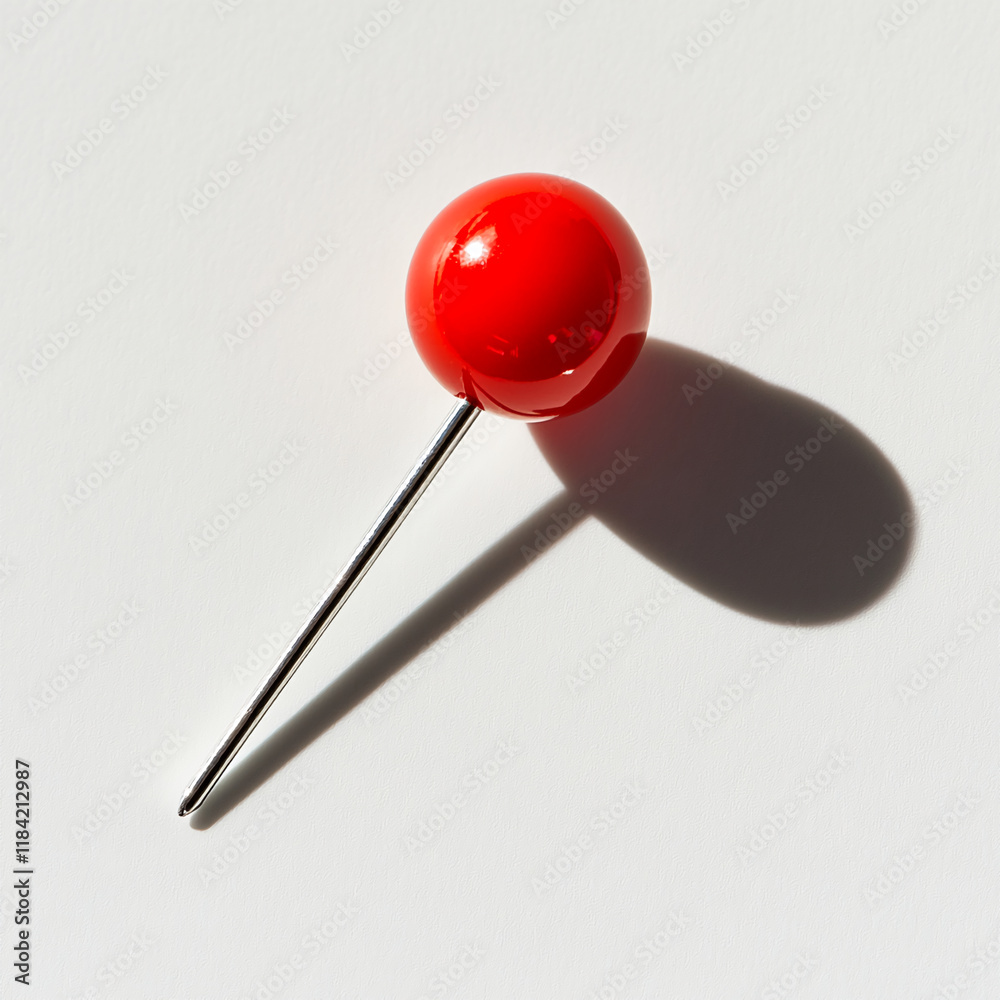 Poster minimalist red push pin casting a shadow on white surface