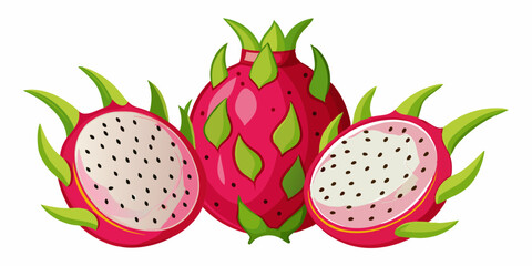 Set of red dragon fruit or pitahaya isolated on a white background. The concept of delicious and healthy fruits.Dragon Fruit Illustration - Exotic Pitaya Fruit Design.