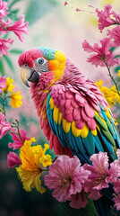 Fototapeta premium A stunning, close-up of a colorful and lively parrot mainly in shades of pinkish yellow and orange.