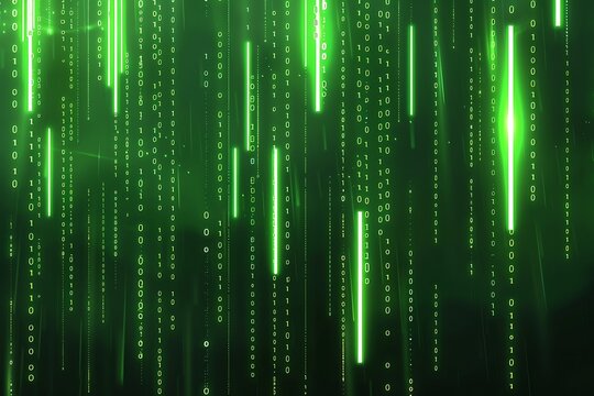 Abstract digital background featuring falling green binary code, resembling the Matrix. Bright green lines illuminate the cascading numbers.