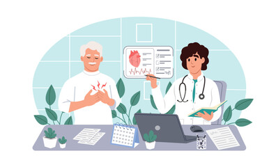 Person with a symptom of a heart attack consults a cardiologist. Diagnosis and treatment of heart disease. Vector flat illustration