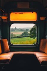 Warm light filters through train window, revealing lush green fi