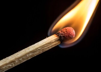 close up match burning in macro isolated on black background