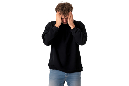 Frustrated man covering his face with hands wearing a black sweater and jeans, isolated on transparent background