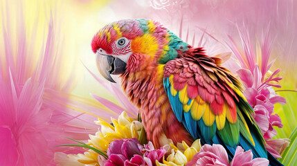 A stunning, close-up of a colorful and lively parrot mainly in shades of pinkish yellow and orange.
