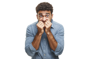 Shocked man covering his mouth with both hands, isolated on transparent background