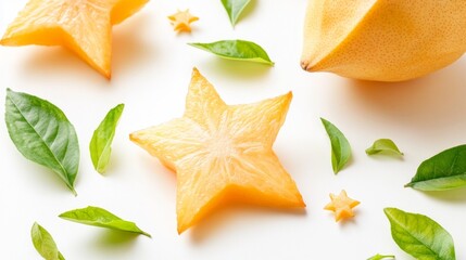 Fototapeta premium Crosswise slices of starfruit reveal vibrant star shapes, beautifully arranged among fresh green leaves. This colorful composition showcases the fruit's unique design, adding visual appeal