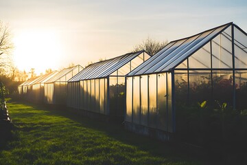 Fototapeta premium Rows of Greenhouses Under the Sunset A series of greenhouse structures casting long shadows as the sun sets behind them