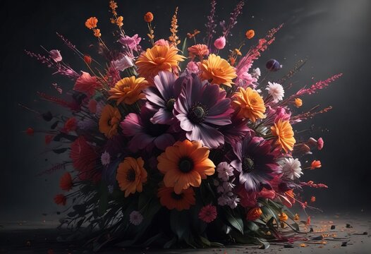 Abstract floral explosion in shadowy background, surreal , shadows, shapes