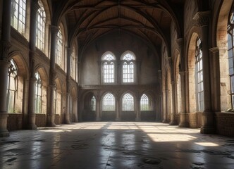 Obraz premium A grand hall with high ceilings and large windows in an abandoned medieval castle , ceilings, dusty, hall