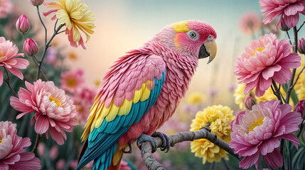 A stunning, close-up of a colorful and lively parrot mainly in shades of pinkish yellow and orange.