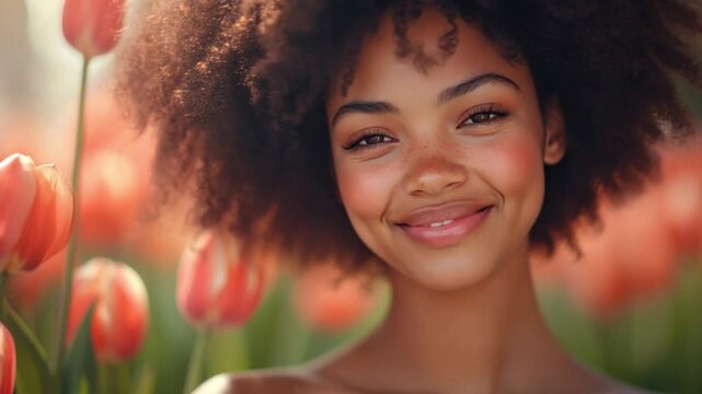 dark-skinned girl blinks, smiles cutely modestly with happiness against pink tulip flowers background. close-up portrait
