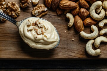 Fototapeta premium Creamy nut spread surrounded by an assortment of almonds, cashew