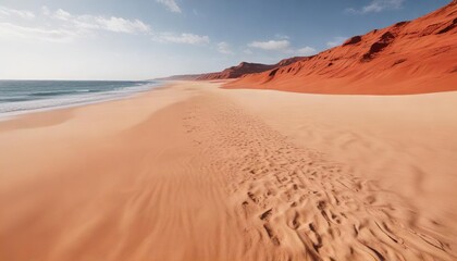 Wide shot of beach with red sand dunes and ocean, beach, wide shot, sea