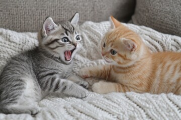 Two cute kittens playing on the sofa, one gray and white kitten with a gray tabby pattern fur is meowing at an orange cat. The two cats are lying side by side on a soft blanket, in a cozy living room.