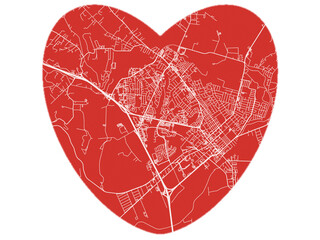 Heart-Shaped Map of Watsonville  California, USA in Bold Red and White Design.