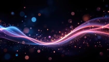 Vibrant abstract waves and glowing light particles on dark background