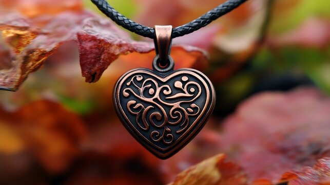 Ornate copper heart pendant hangs on black cord against autumn leaves