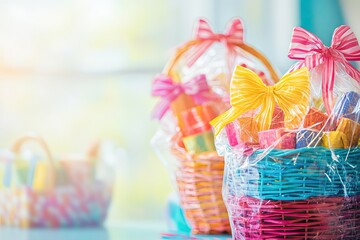 Colorful gift baskets filled with treats, adorned with bright ri