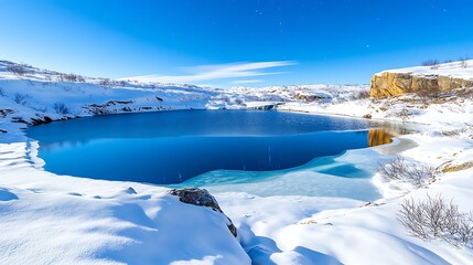 Frozen Lake in Winter Mountain Landscape  Blue Ice  Snow  Arctic