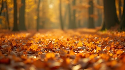Golden Autumn Forest Floor, Vibrant Carpet of Falling Leaves in Warm Earthy Tones
