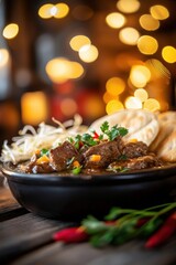 Delicious Beef Stew with Carrots and Lemongrass Served on a Rustic Table Surrounded by Warm Lights and Fresh Herbs for a Cozy Dining Experience