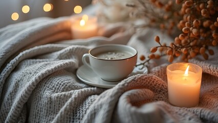 Cozy Hygge Scene, Silver Knit Blanket, Warm Drink, Candles, and Soft Lighting