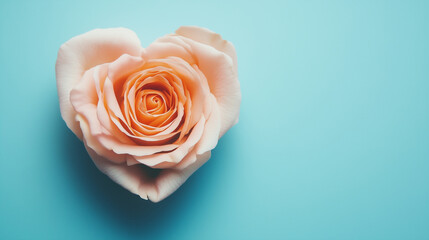 valentines day single pastel rose in heart shape on soft blue background, banner design concept with copy space for text